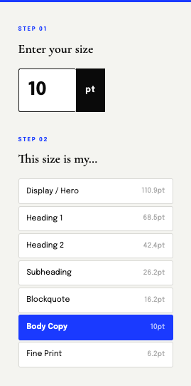 type scale tool set of font sizes