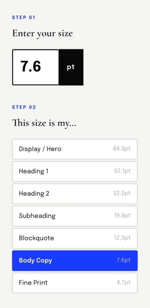 typescale tool - a set of font sizes from the tool.